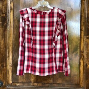 Women’s red plaid top. Ruffles accent.  Size small petite.  One button back.